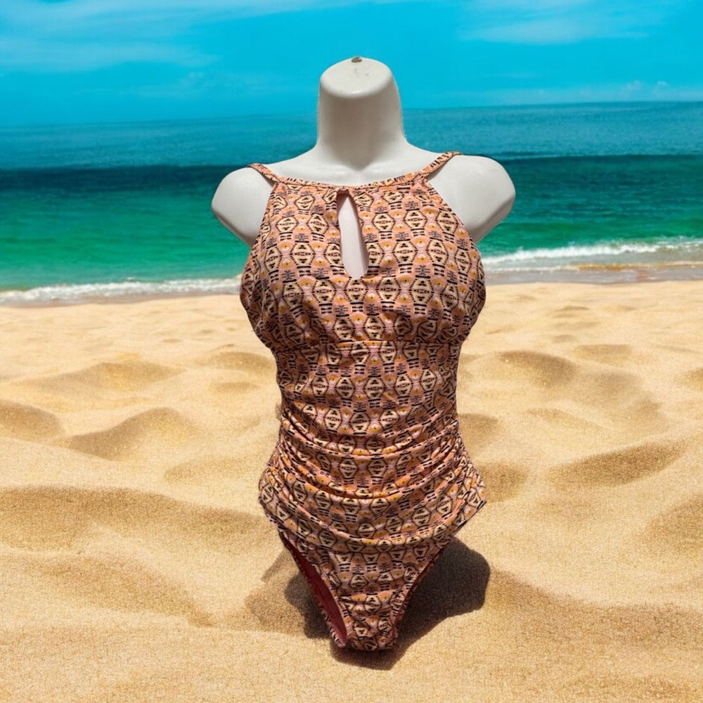 Ellen Tracy Geometric One Piece Swimsuit in Orange and Black size 8